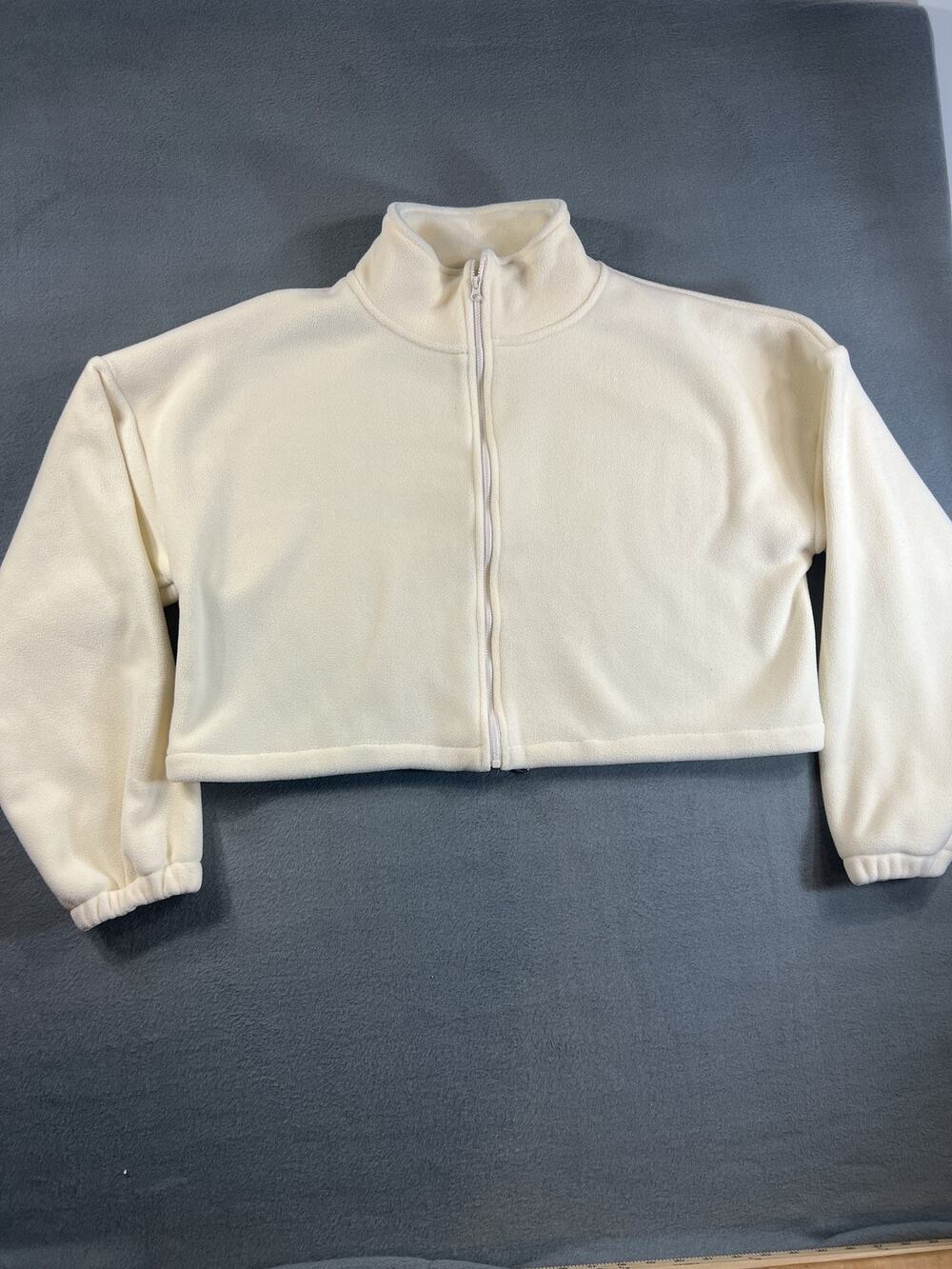 Qinsen Women's Full Zip Cropped Sweatshirt Size Small Beige Fleece Mock Neck